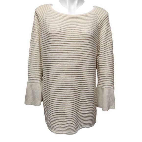 Chico's Sweaters - Chico's stretch knit tunic sweater gold cream stripe bell sleeve Size 3 XL